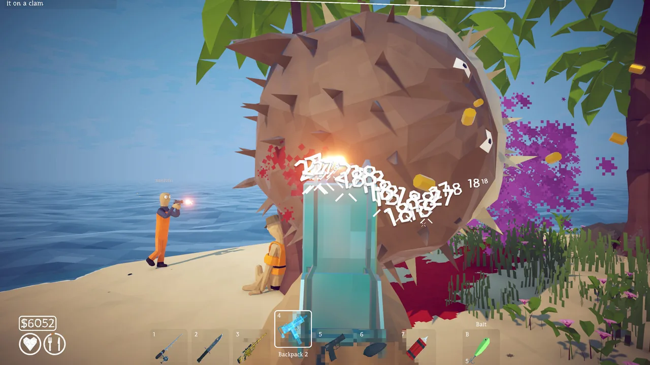 Pufferfish boss fight — players firing at the spiky boss with in-game HUD