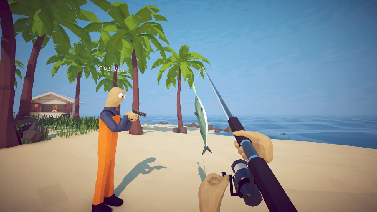 First-person view on the starting island — a fish hooked at the beach
