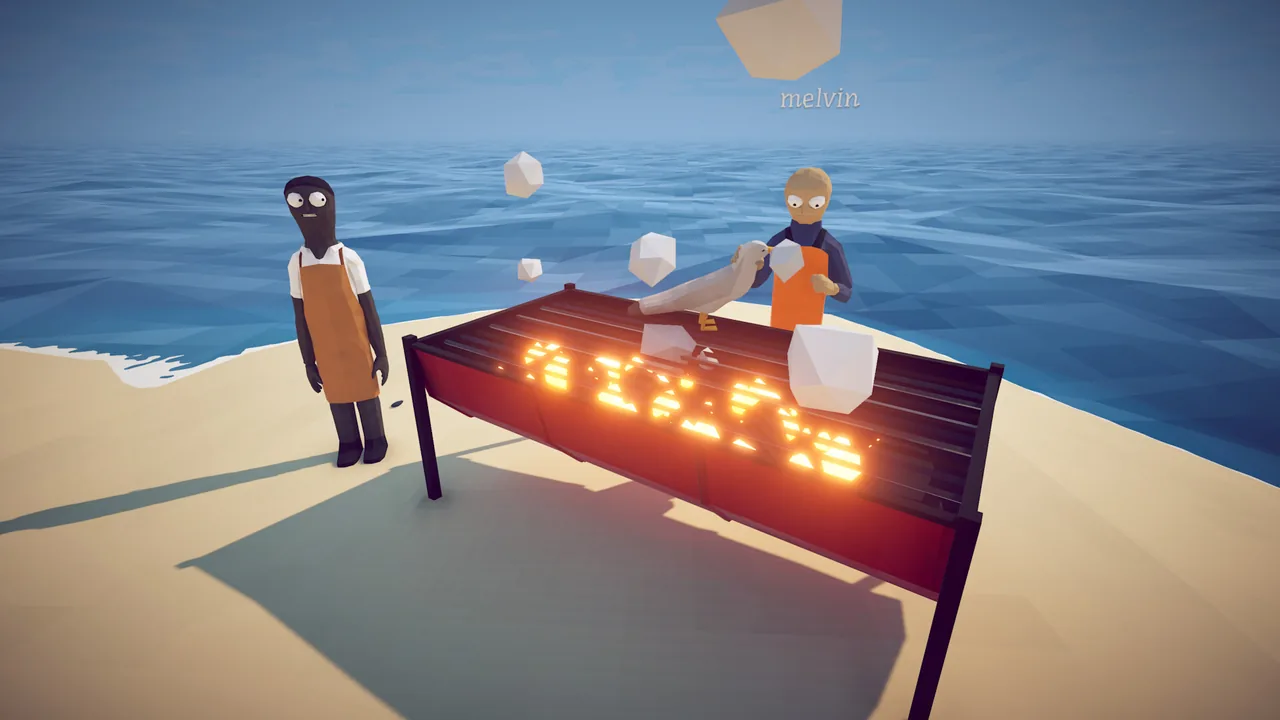 Two players cooking fish over a beach BBQ — community / co-op content