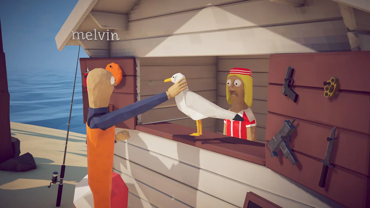 In-game shop interior — the seagull merchant trades with a player